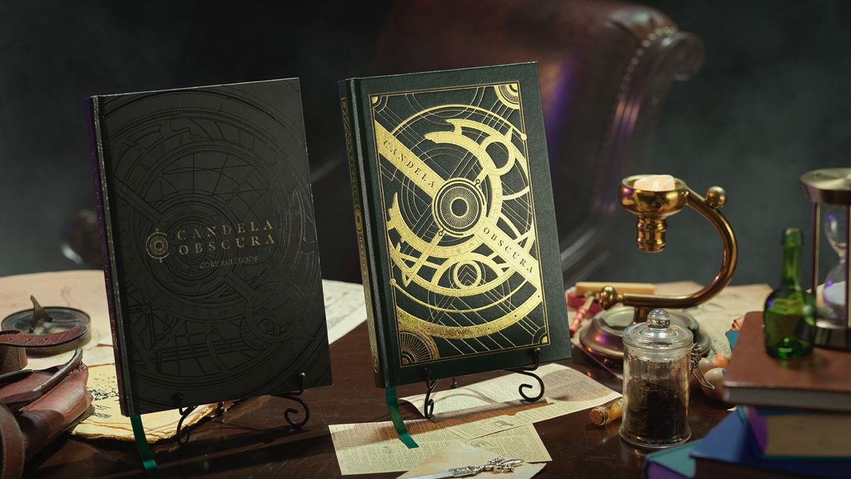 Two copies of the Candela Obscura rulebook on a table littered with 19th/20th century paraphernalia like compasses, papers, and stoppered potion vials