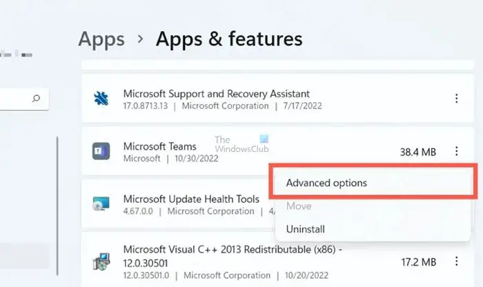 Fonctionnalités des applications Windows Options avancées Microsoft Teams