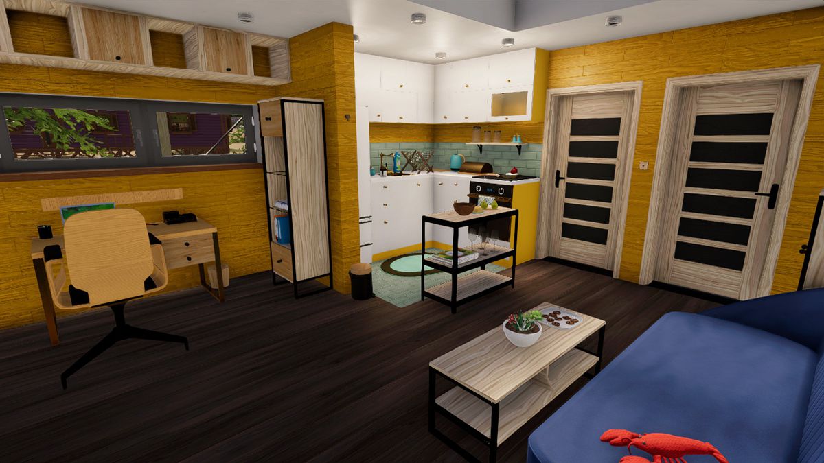 Un joli salon jaune avec un canapé bleu dans House Flipper 2