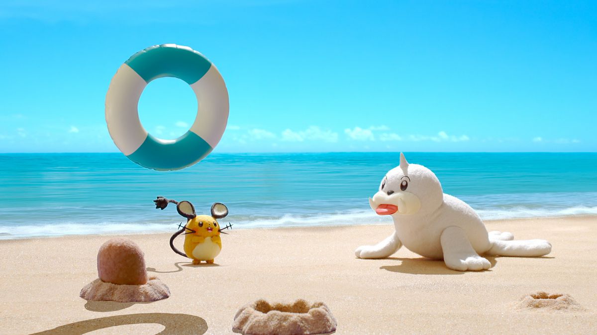 Seel, Dedenne et Diglett jouent au volley-ball sur la plage