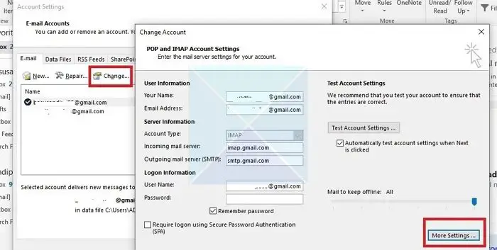 Paramètres du compte Outlook de la boîte aux lettres partagée