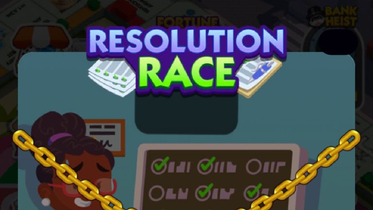 A header-sized image for the Resolution Race tournament in Monopoly GO, showing the logo for the event and a woman in the background.