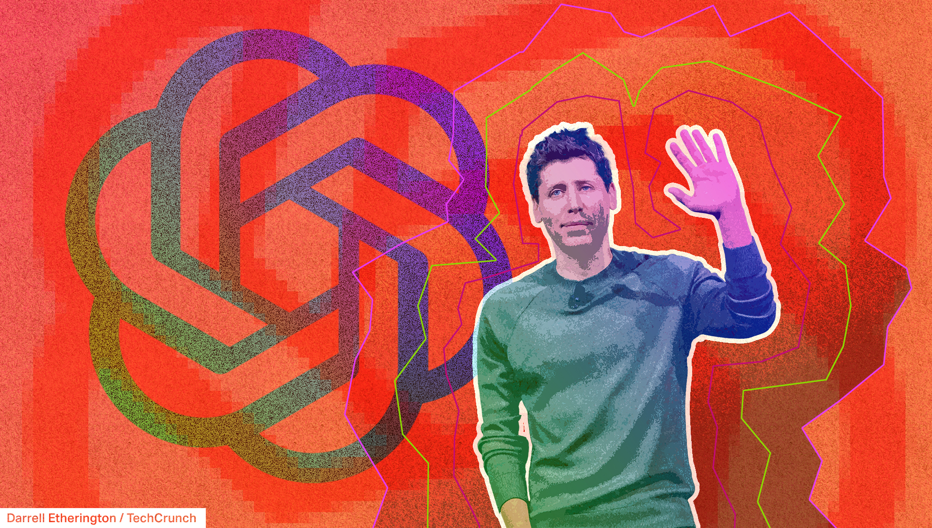 Une illustration de Sam Altman devant le logo OpenAI