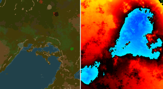 Am image of the factorio map split into in-game and noise-map generation versions.