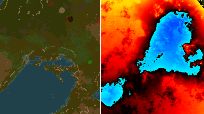 Am image of the factorio map split into in-game and noise-map generation versions.