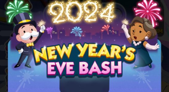 A header for the New Year's Eve Bash event in Monopoly GO that shows Mr. Monopoly celebrating with a posh looking woman.