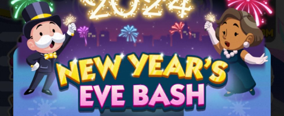 A header for the New Year's Eve Bash event in Monopoly GO that shows Mr. Monopoly celebrating with a posh looking woman.