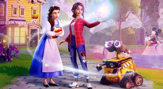 The player character holding a magic orb while WALL-E and Bella look on in Disney Dreamlight Valley.