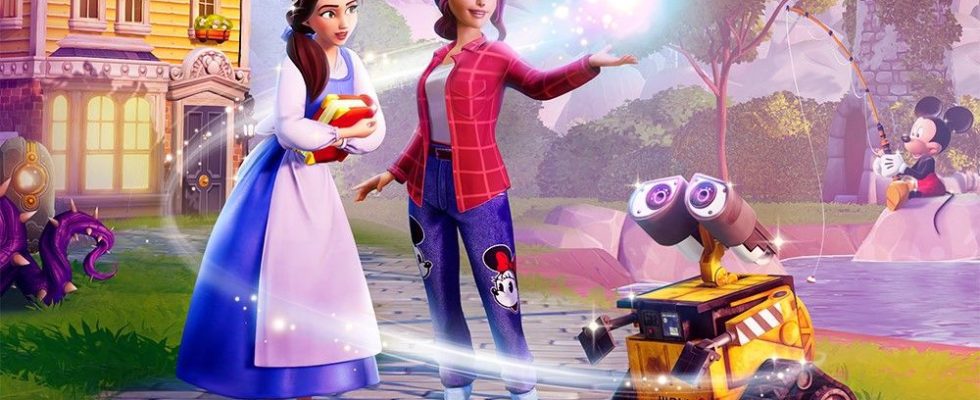 The player character holding a magic orb while WALL-E and Bella look on in Disney Dreamlight Valley.