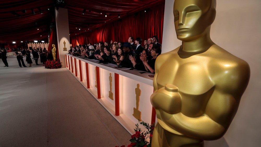 An Oscar statue is seen on the Champagne Carpet of the 95th Academy Awards