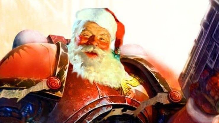 An image of a Warhammer 40k space marine, but with Santa