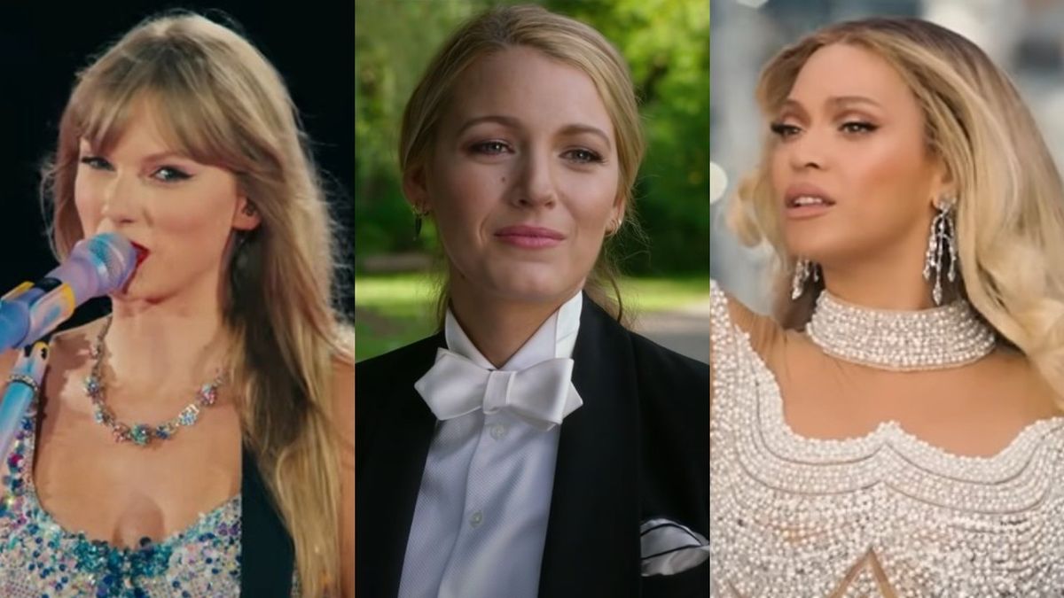 From left to right: screenshots of Taylor Swift talking into a mic during the Eras Tour, Blake Lively in A Simple Favor and Beyonce singing during the Renaissance Tour trailer. 