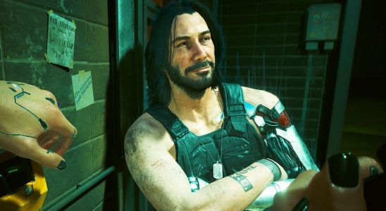 Cyberpunk 2077 character Johnny Silverhand with arms crossed looks away from the camera and smiles