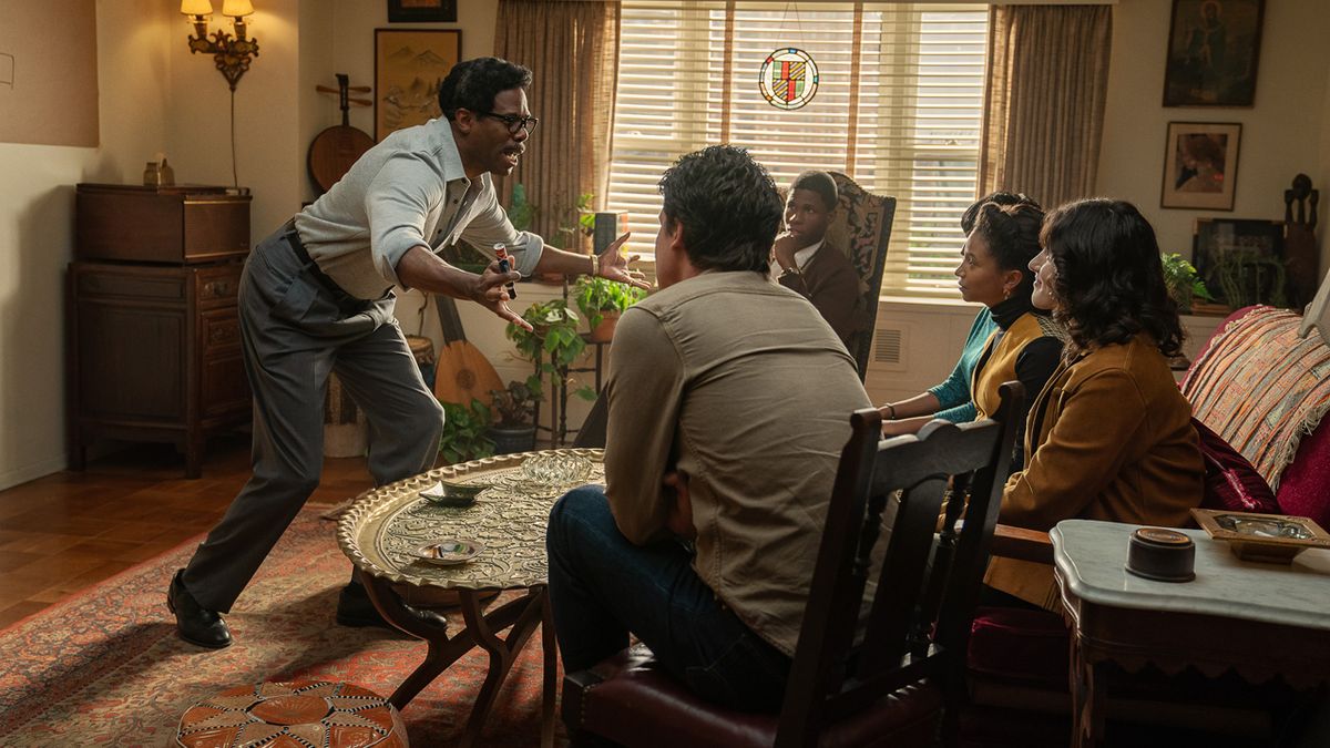 Colman Domingo as Bayard Rustin, Jakeem Dante Powell as Norm, Ayana Workman as Eleanor and Lilli Kay as Rachelle in Rustin