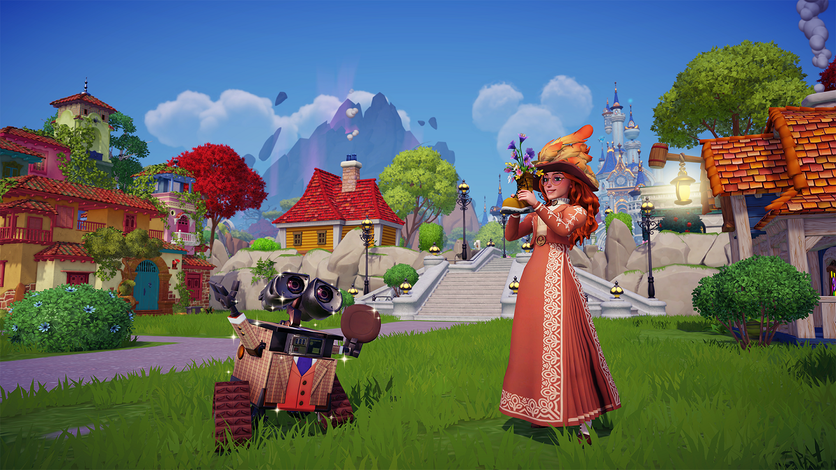 Image of WALL-E and female character with wizard clothing standing together in a village in Disney Dreamlight Valley.