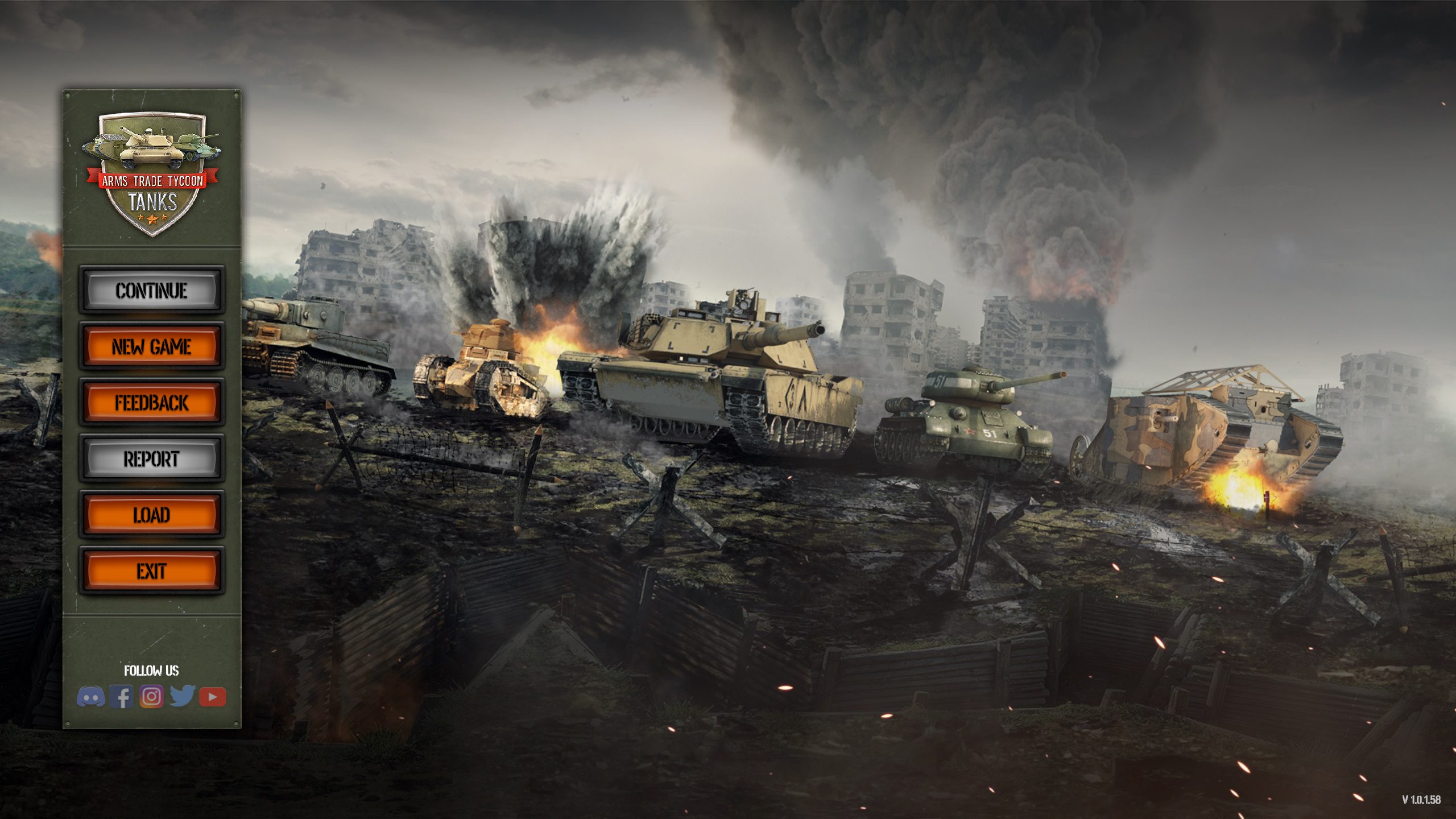 An image from Arms Trade Tycoon: Tanks where several tanks are in pitched battle with a menu screen to the left side