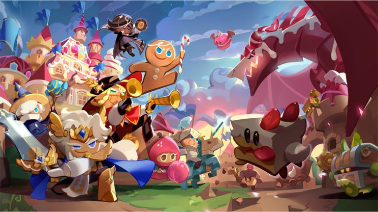 A header image for Cookie Run Kingdom showing the main cookies about to attack some of the game's monsters. The image was originally used as part of an article on if you can play Cookie Run Kingdom on PC.