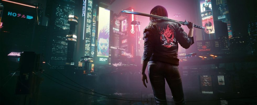 Image of female with a katana in a fiery skull biker jacket overlooking a night city in Cyberpunk 2077.