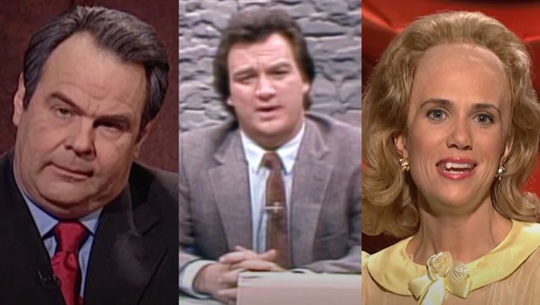 From left to right: Dan Aykroyd, Jim Belushi, and Kristen Wiig on Saturday Night Live.