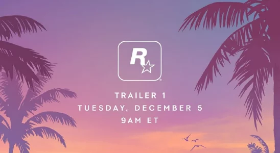 The GTA 6 trailer announcement on a pink sunset with palm trees either side.