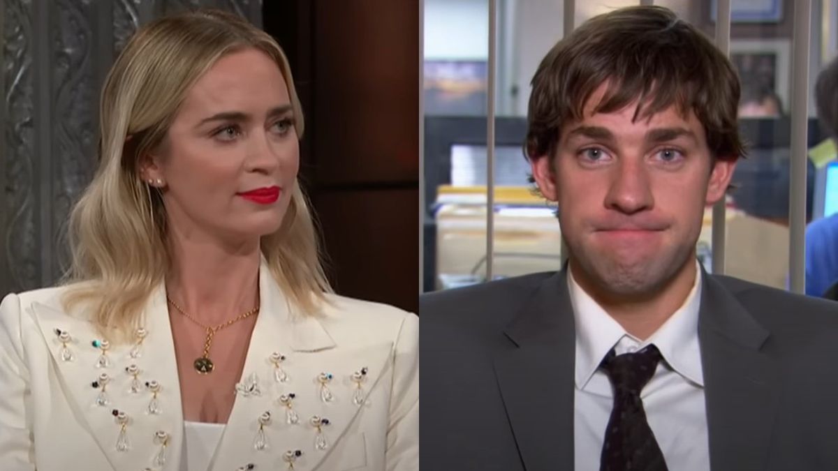 From left to right: screenshots of Emily Blunt on Stephen Colbert