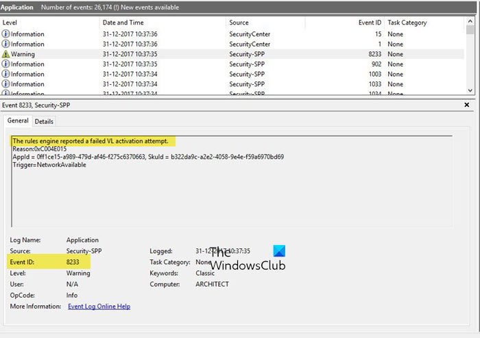 ID d’événement 8233, le moteur de règles a signalé un échec de tentative d’activation de VL