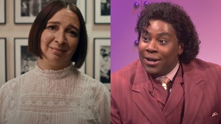 From right to left: screenshots of Maya Rudolph walking through the hall of SNL and Kenan Thompson in the What