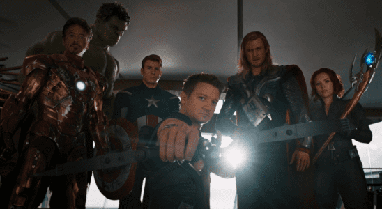 Robert Downey Jr., Mark Ruffalo, Chris Evans, Jeremy Renner, Chris Hemsworth, and Scarlett Johansspn in The Avengers