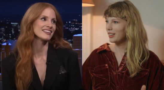 From left to right: Jessica Chastain on The Tonight Show and Taylor Swift in the Long Pond Studio Sessions for Folklore.