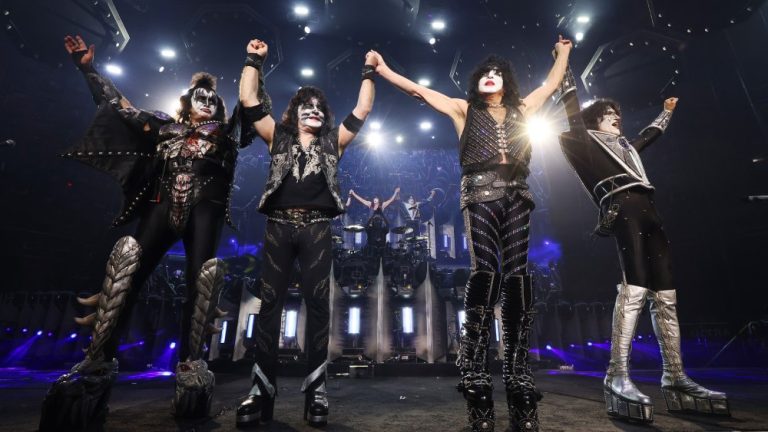 NEW YORK, NEW YORK - DECEMBER 02:  Gene Simmons, Eric Singer, Paul Stanley and Tommy Thayer of KISS take final bow  during the final show of KISS: End of the Road World Tour at Madison Square Garden on December 02, 2023 in New York City. (Photo by Kevin Mazur/Getty Images for Live Nation)