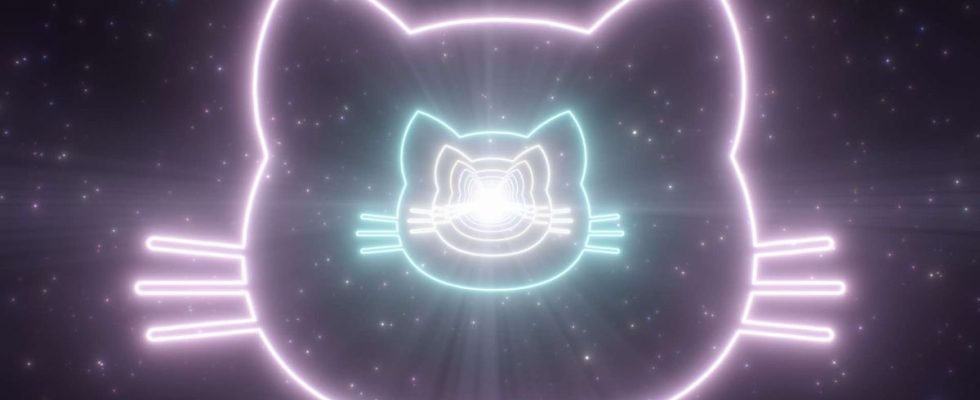 An abstract image of three stylised cat heads, drawn in neon lighting outlines, against a backdrop of a starfield in space