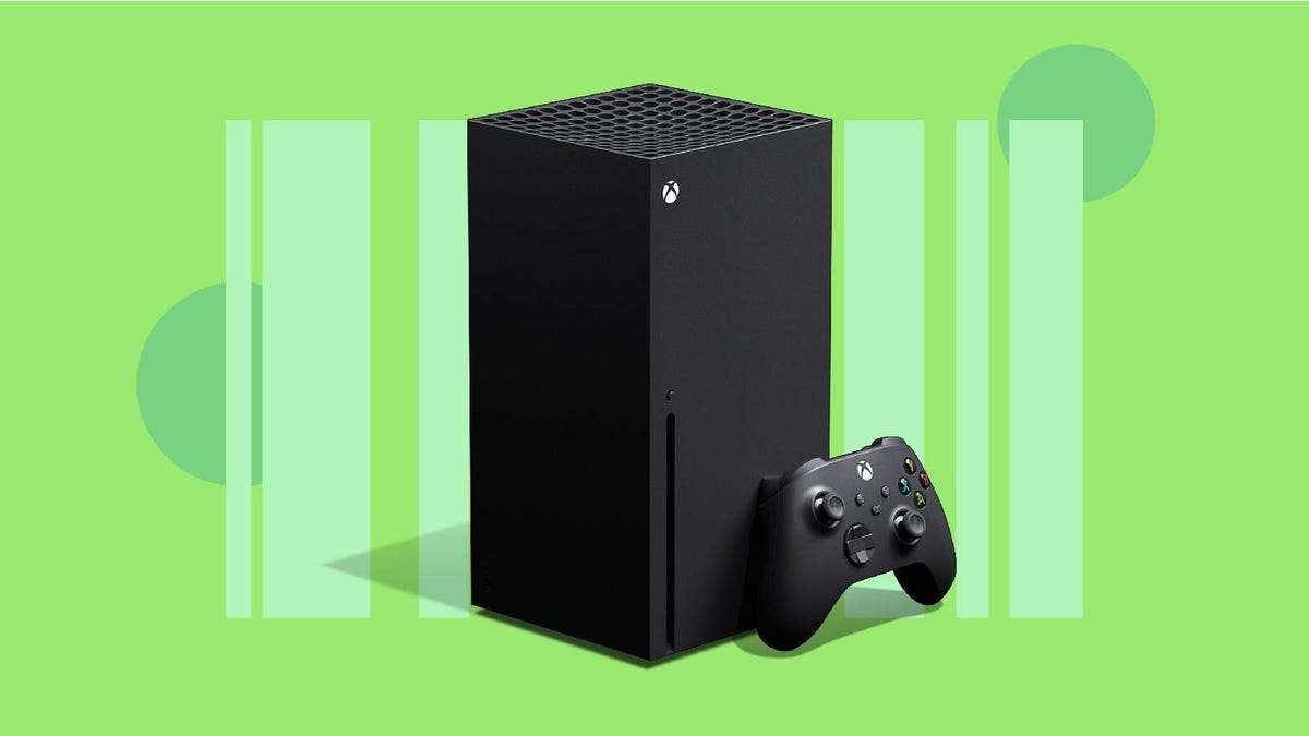 An Xbox Series X console and controller against a green background.