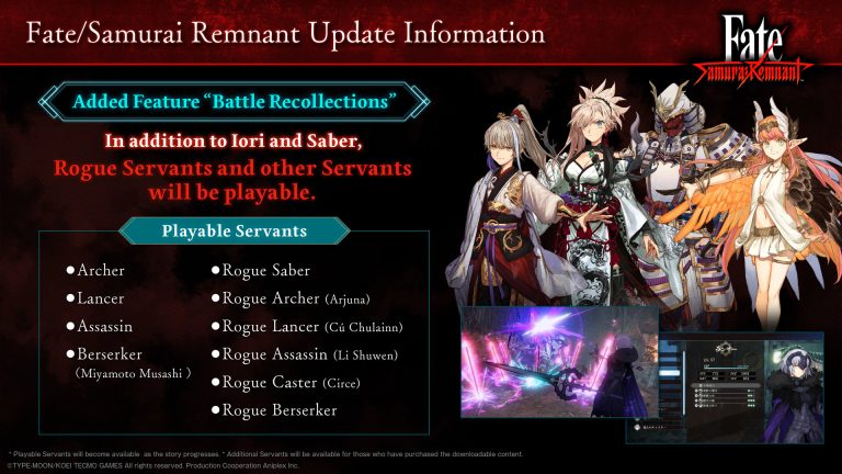 La mise à jour Fate/Samurai Remnant version 1.03 est maintenant disponible, ajoute de nouveaux niveaux de difficulté et des serviteurs jouables    
