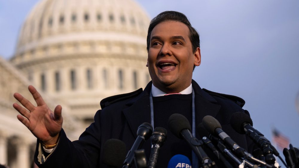 WASHINGTON, DC - NOVEMBER 30: Rep. George Santos (R-NY) talks to reporters outside the U.S. Capitol on November 30, 2023 in Washington, DC. Charged by the U.S. Department of Justice with 23 felonies including fraud and campaign finance violations, Santos is facing expulsion from the House of Representatives after the Ethics Committee reported that it found "substantial evidence" that he had violated the law. (Photo by Drew Angerer/Getty Images)