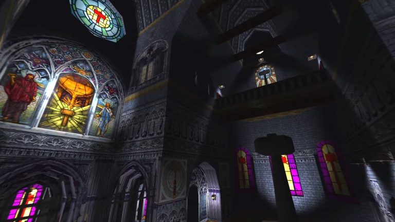 Thief: the inside of a gloomy church, featuring stained-glass windows.