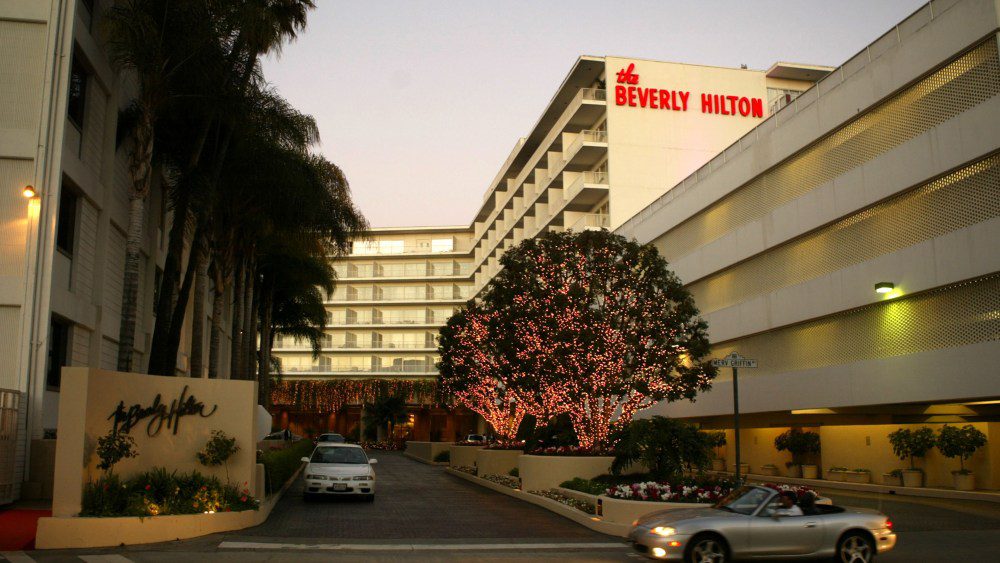 BEVERLY HILLS, CA - JANUARY 21:  The Beverly Hilton hotel is seen on January 21, 2004 in Beverly Hills, California. The hotel will host the 61st Annual Golden Globe Awards on January 25.  (Photo by David McNew/Getty Images)