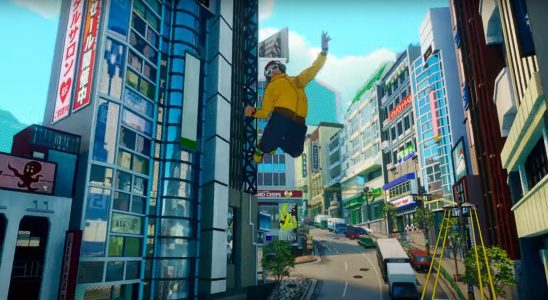 The main character of Jet Set Radio hanging in the air against an urban backdrop.