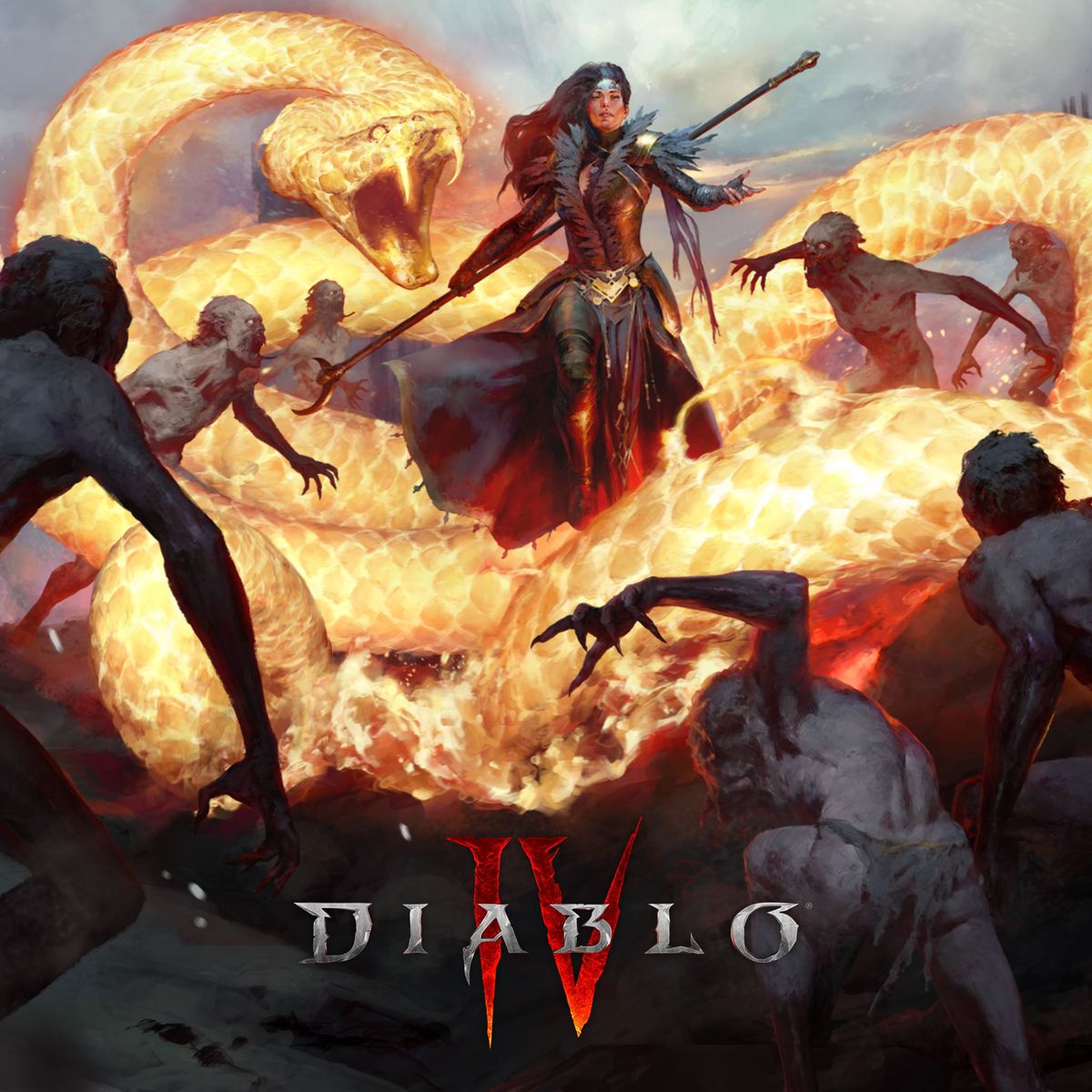 Une peinture d'un sorcier de Diablo 4 invoquant un énorme serpent de feu pour consumer ses ennemis