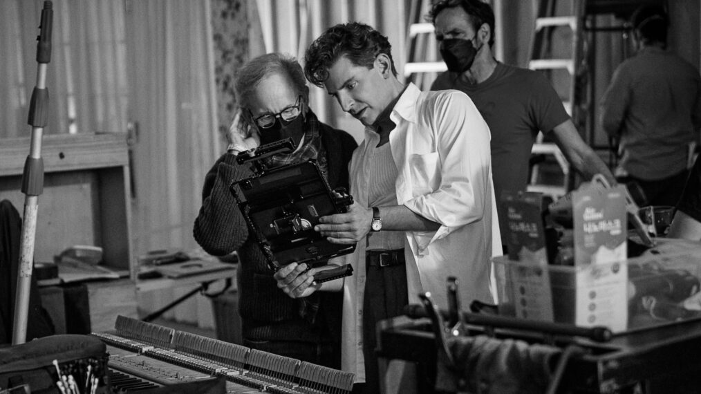 Producer Steven Spielberg and Writer/Director/Producer Bradley Cooper as Leonard Bernstein on the set of 