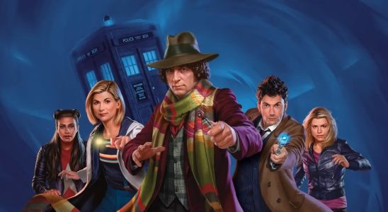 Three Doctors and two companions in front of the TARDIS