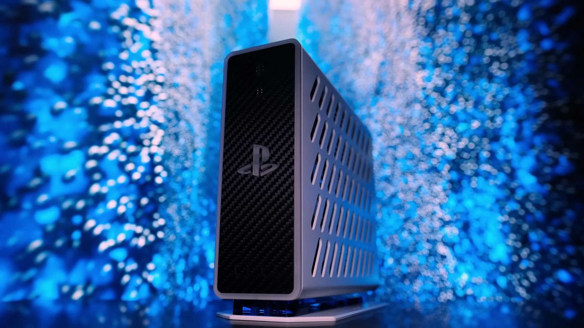 An image of a modified PS5 on a colored background