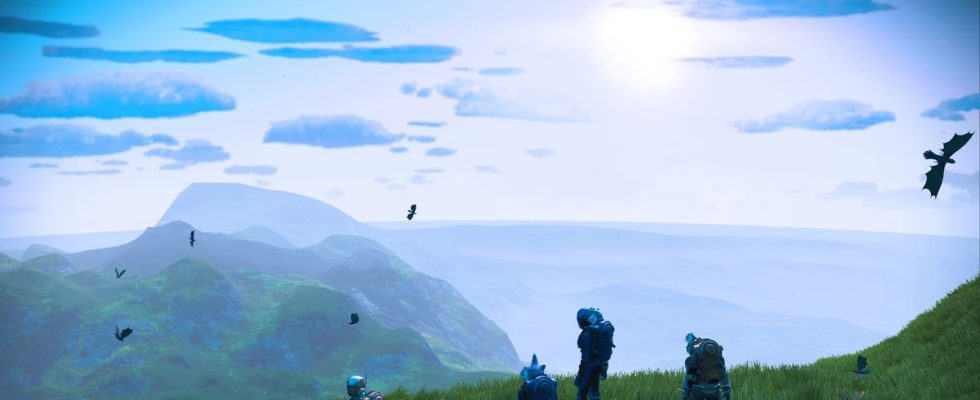 Space explorers looking out over a planet in No Man