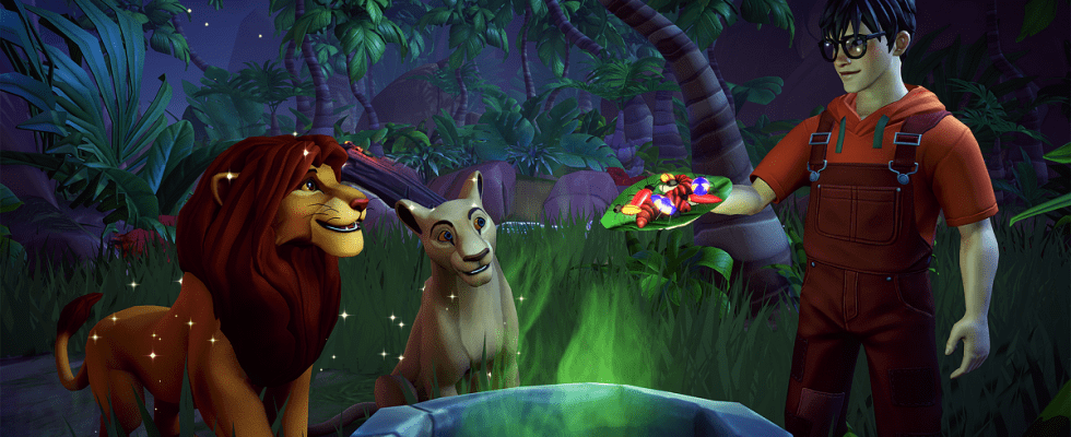 Image of man in overalls, Simba, and Nala by a witch pot in Disney Dreamlight Valley.