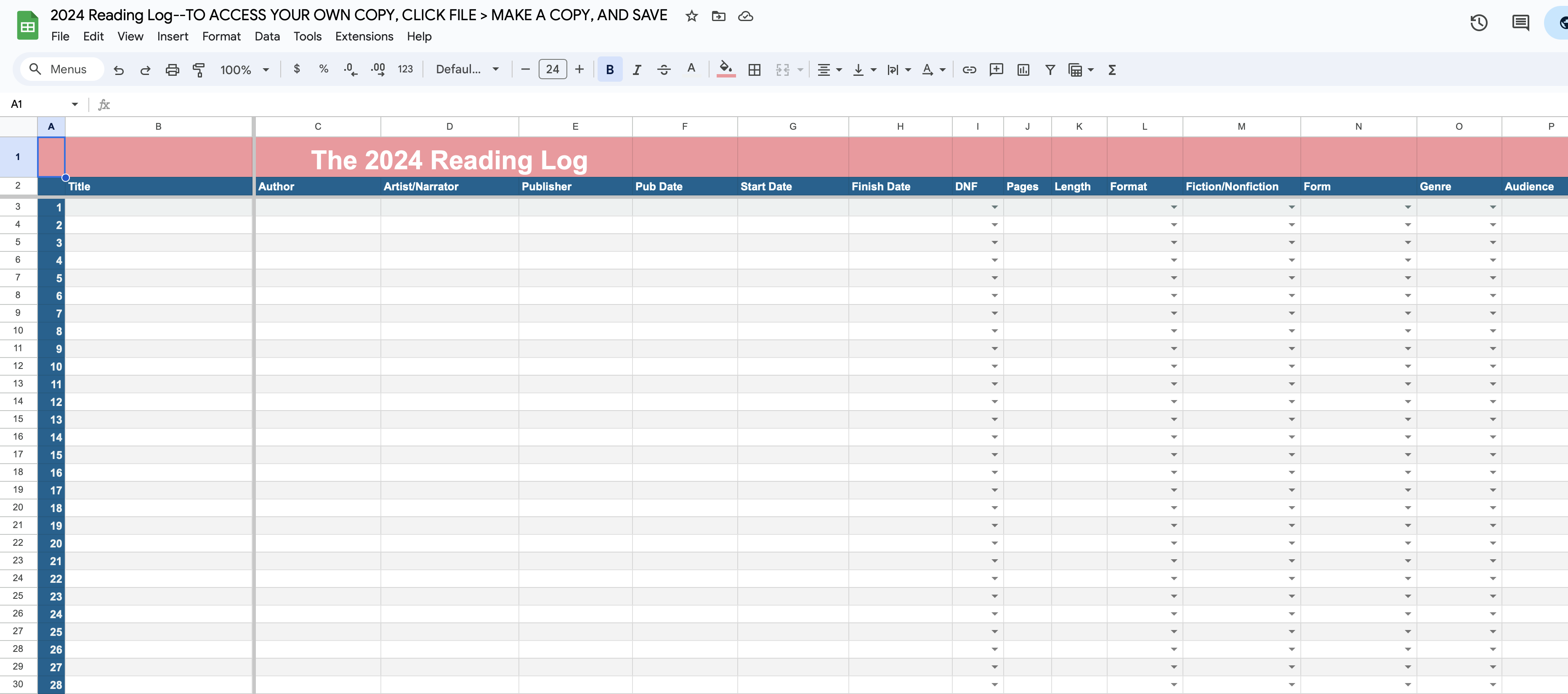 une capture d'écran du journal de lecture 2024, une feuille de calcul basée sur Google Sheets pour suivre la lecture