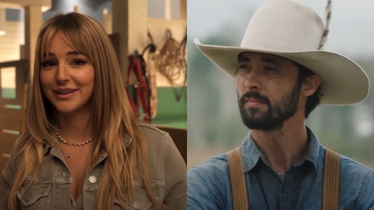 From left to right: A screenshot of Hassie Harrison in a Yellowstone BTS video and a screenshot of Ryan Bingham as Walker in a clip from Yellowstone.