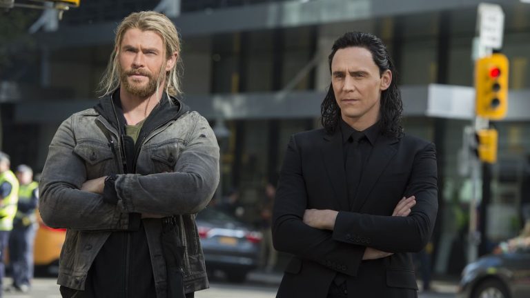 Chris Hemsworth and Tom Hiddleston wearing civilian clothing in Thor: Ragnarok