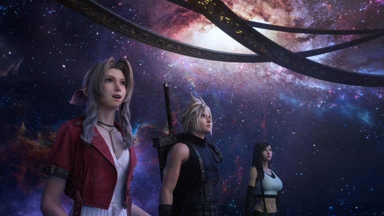 Image of Aerith, Cloud, and Tifa standing inside an astronomy room with stars and galaxies in Final Fantasy VII Rebirth.