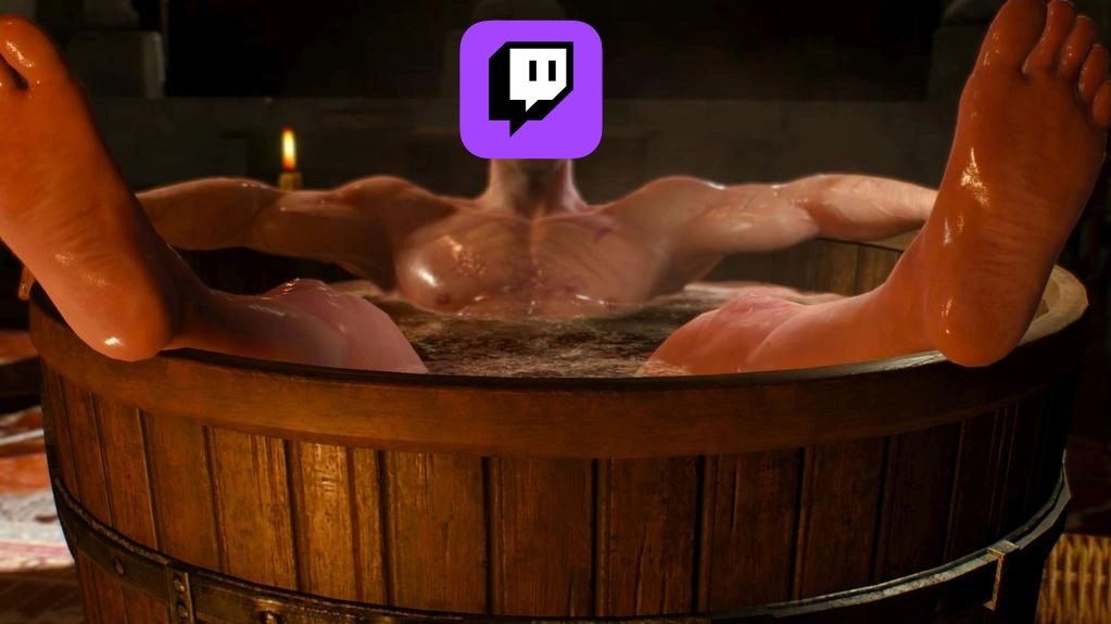 Geralt relaxes in a tub, his face replaced by the Twitch logo.