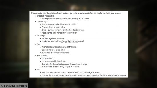 Une enquête Dead by Daylight demandant des réflexions sur plusieurs modes de jeu.