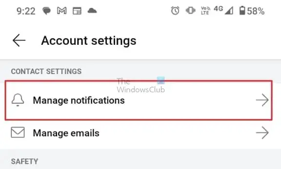 Choisissez Gérer les notifications sur l'application Reddit